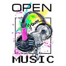 Навушники та мікрофон на бризках жовто-зеленого фону з написом "open your music"