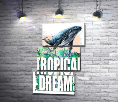 Кит пропливає над пальмовим листям з написом "tropical dreams"