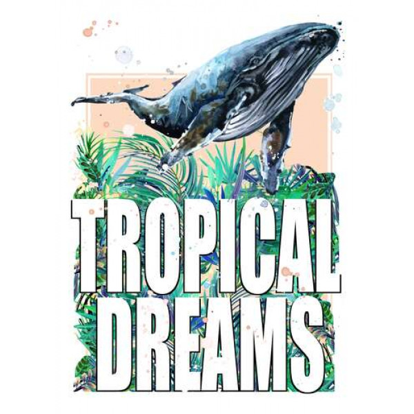 Кит пропливає над пальмовим листям з написом "tropical dreams"