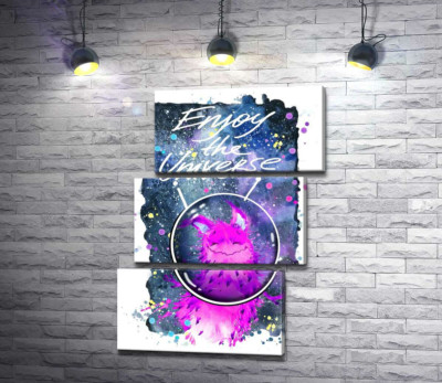 Модульна картина "Рожевий монстр в шоломі біля напису "Enjoy the Universe""