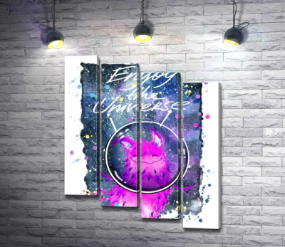 Модульная картина "Розовый монстр в шлеме возле надписи "Enjoy the Universe""