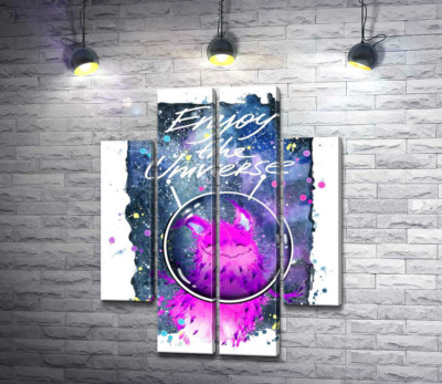 Модульная картина "Розовый монстр в шлеме возле надписи "Enjoy the Universe""