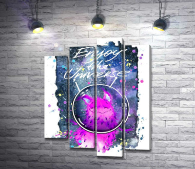 Модульна картина "Рожевий монстр в шоломі біля напису "Enjoy the Universe""