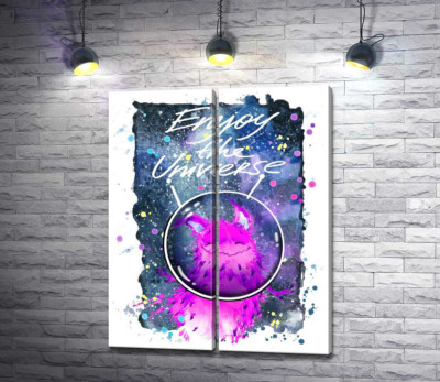 Рожевий монстр в шоломі біля напису "Enjoy the Universe"