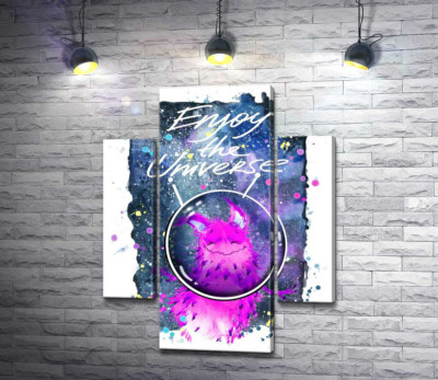 Рожевий монстр в шоломі біля напису "Enjoy the Universe"