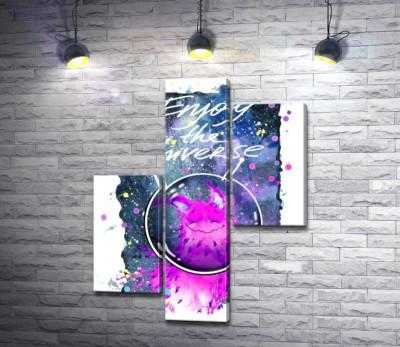 Модульна картина "Рожевий монстр в шоломі біля напису "Enjoy the Universe""