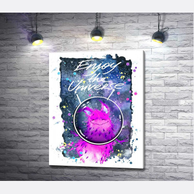 Рожевий монстр в шоломі біля напису "Enjoy the Universe"