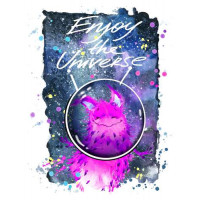 Розовый монстр в шлеме возле надписи "Enjoy the Universe"
