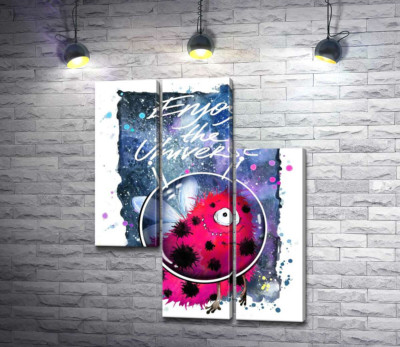 Модульна картина "Червоний монстр з крильцями серед космосу з написом "Enjoy the Universe""