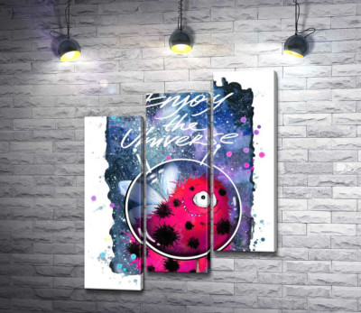 Модульна картина "Червоний монстр з крильцями серед космосу з написом "Enjoy the Universe""