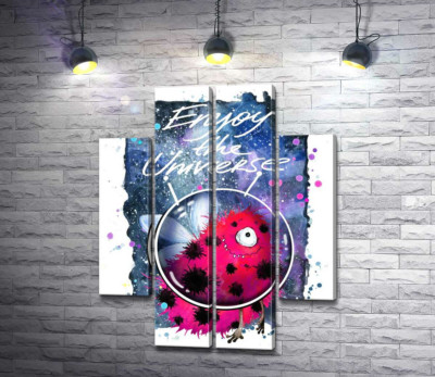Красный монстр с крылышками среди космоса с надписью "Enjoy the Universe"