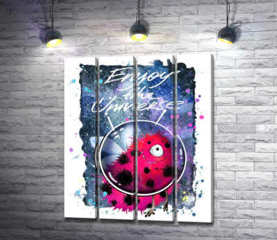 Червоний монстр з крильцями серед космосу з написом "Enjoy the Universe"