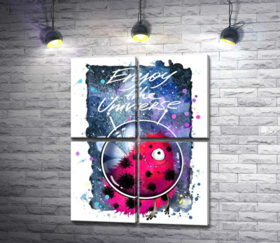 Модульна картина "Червоний монстр з крильцями серед космосу з написом "Enjoy the Universe""