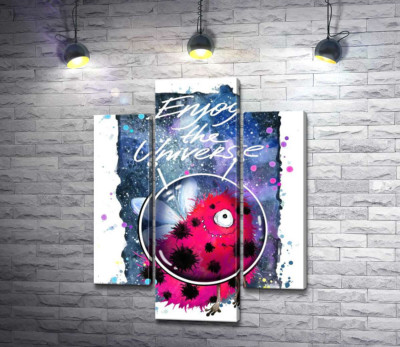 Модульна картина "Червоний монстр з крильцями серед космосу з написом "Enjoy the Universe""