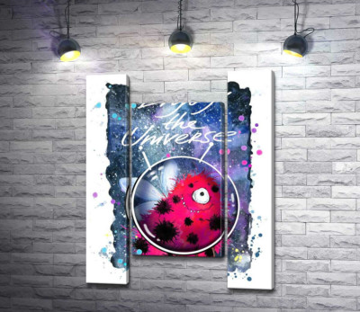Червоний монстр з крильцями серед космосу з написом "Enjoy the Universe"