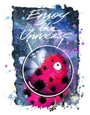 Червоний монстр з крильцями серед космосу з написом "Enjoy the Universe"