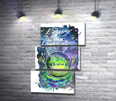 Модульна картина "Чотириокий зелений монстр літає в космосі біля напису "Enjoy the Universe""