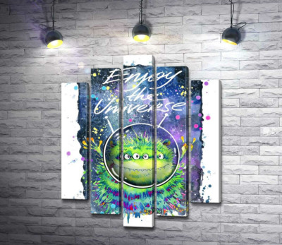 Чотириокий зелений монстр літає в космосі біля напису "Enjoy the Universe"