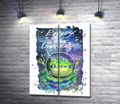 Модульна картина "Чотириокий зелений монстр літає в космосі біля напису "Enjoy the Universe""