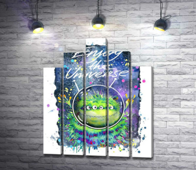 Четырехглазый зеленый монстр летает в космосе возле надписи "Enjoy the Universe"
