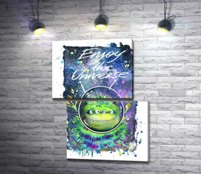Модульна картина "Чотириокий зелений монстр літає в космосі біля напису "Enjoy the Universe""