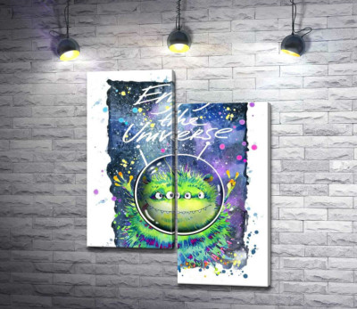 Четырехглазый зеленый монстр летает в космосе возле надписи "Enjoy the Universe"