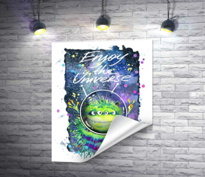 Чотириокий зелений монстр літає в космосі біля напису "Enjoy the Universe"