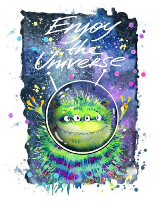 Чотириокий зелений монстр літає в космосі біля напису "Enjoy the Universe"