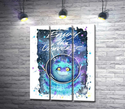 Монстр з блакитною шерстю літає в космосі з написом "Enjoy the Universe"