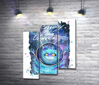 Модульна картина "Монстр з блакитною шерстю літає в космосі з написом "Enjoy the Universe""