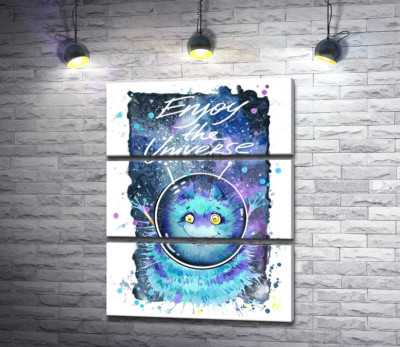 Монстр з блакитною шерстю літає в космосі з написом "Enjoy the Universe"