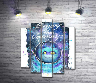 Модульна картина "Монстр з блакитною шерстю літає в космосі з написом "Enjoy the Universe""