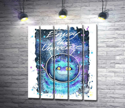 Модульна картина "Монстр з блакитною шерстю літає в космосі з написом "Enjoy the Universe""