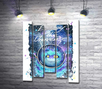 Монстр с голубой шерстью летает в космосе с надписью "Enjoy the Universe"