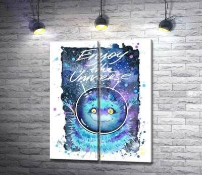 Модульна картина "Монстр з блакитною шерстю літає в космосі з написом "Enjoy the Universe""