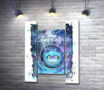 Модульна картина "Монстр з блакитною шерстю літає в космосі з написом "Enjoy the Universe""