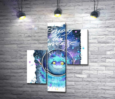 Монстр з блакитною шерстю літає в космосі з написом "Enjoy the Universe"