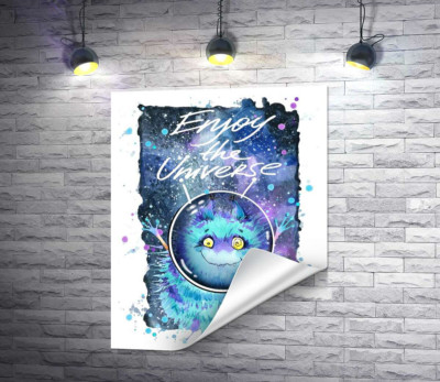 Монстр с голубой шерстью летает в космосе с надписью "Enjoy the Universe"