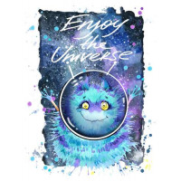 Монстр с голубой шерстью летает в космосе с надписью "Enjoy the Universe"