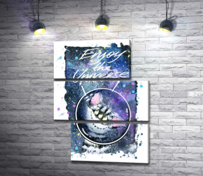 Модульна картина "Сором'язливий смугастий монстр в космосі з написом "Enjoy the Universe""