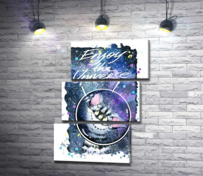 Модульна картина "Сором'язливий смугастий монстр в космосі з написом "Enjoy the Universe""