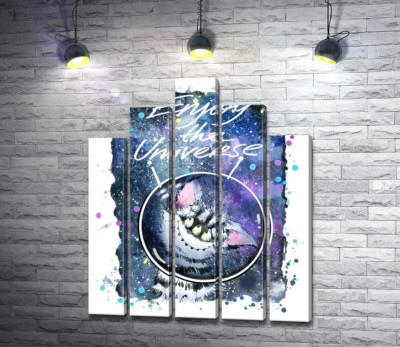 Застенчивый полосатый монстр в космосе с надписью "Enjoy the Universe"