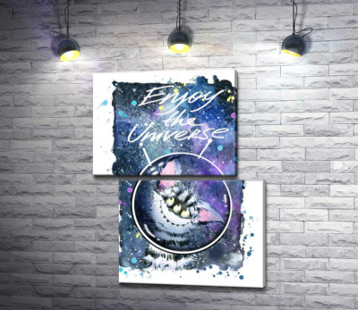 Модульная картина "Застенчивый полосатый монстр в космосе с надписью "Enjoy the Universe""