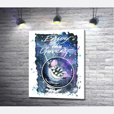 Сором'язливий смугастий монстр в космосі з написом "Enjoy the Universe"