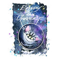 Застенчивый полосатый монстр в космосе с надписью "Enjoy the Universe"
