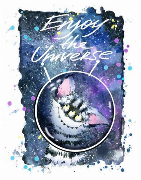Застенчивый полосатый монстр в космосе с надписью "Enjoy the Universe"