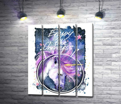 Модульна картина "Білий єдиноріг в шоломі серед космосу з написом "Enjoy the Universe""