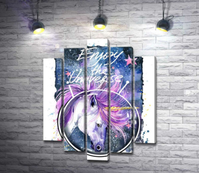 Модульная картина "Белый единорог в шлеме среди космоса с надписью "Enjoy the Universe""