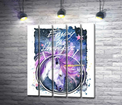 Модульная картина "Белый единорог в шлеме среди космоса с надписью "Enjoy the Universe""