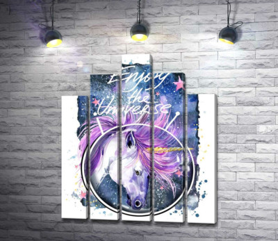 Модульная картина "Белый единорог в шлеме среди космоса с надписью "Enjoy the Universe""